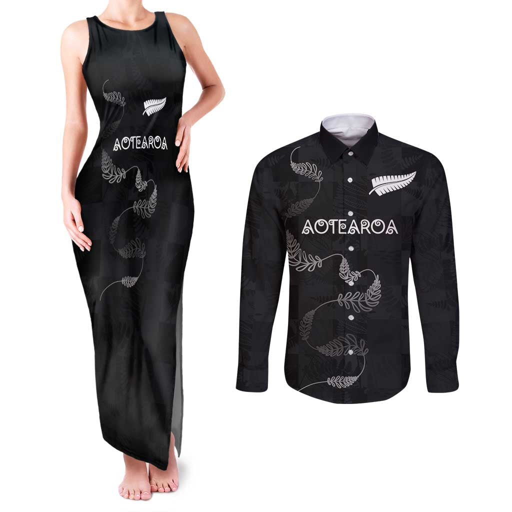 Custom New Zealand Rugby Couples Matching Tank Maxi Dress and Long Sleeve Button Shirt All Silver Ferns Blacks