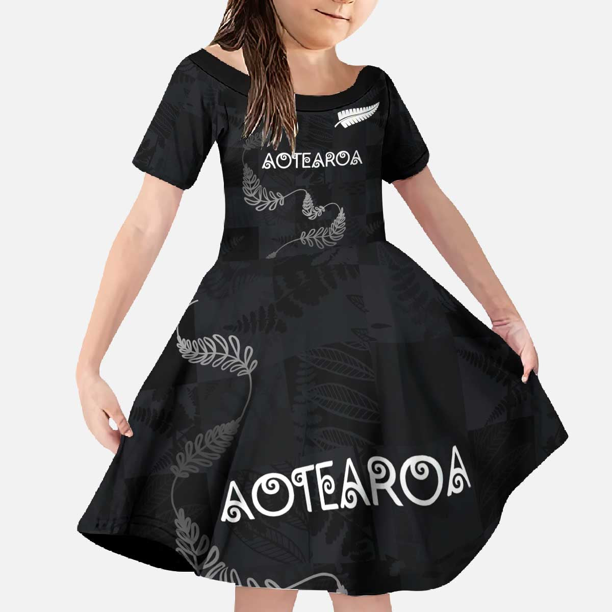 Custom New Zealand Rugby Family Matching Off The Shoulder Long Sleeve Dress and Hawaiian Shirt All Silver Ferns Blacks