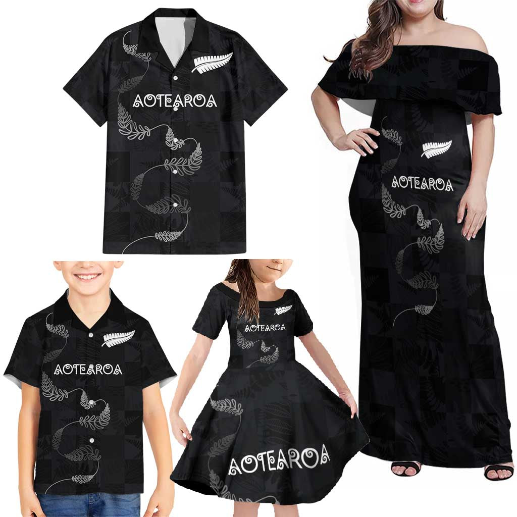 Custom New Zealand Rugby Family Matching Off Shoulder Maxi Dress and Hawaiian Shirt All Silver Ferns Blacks