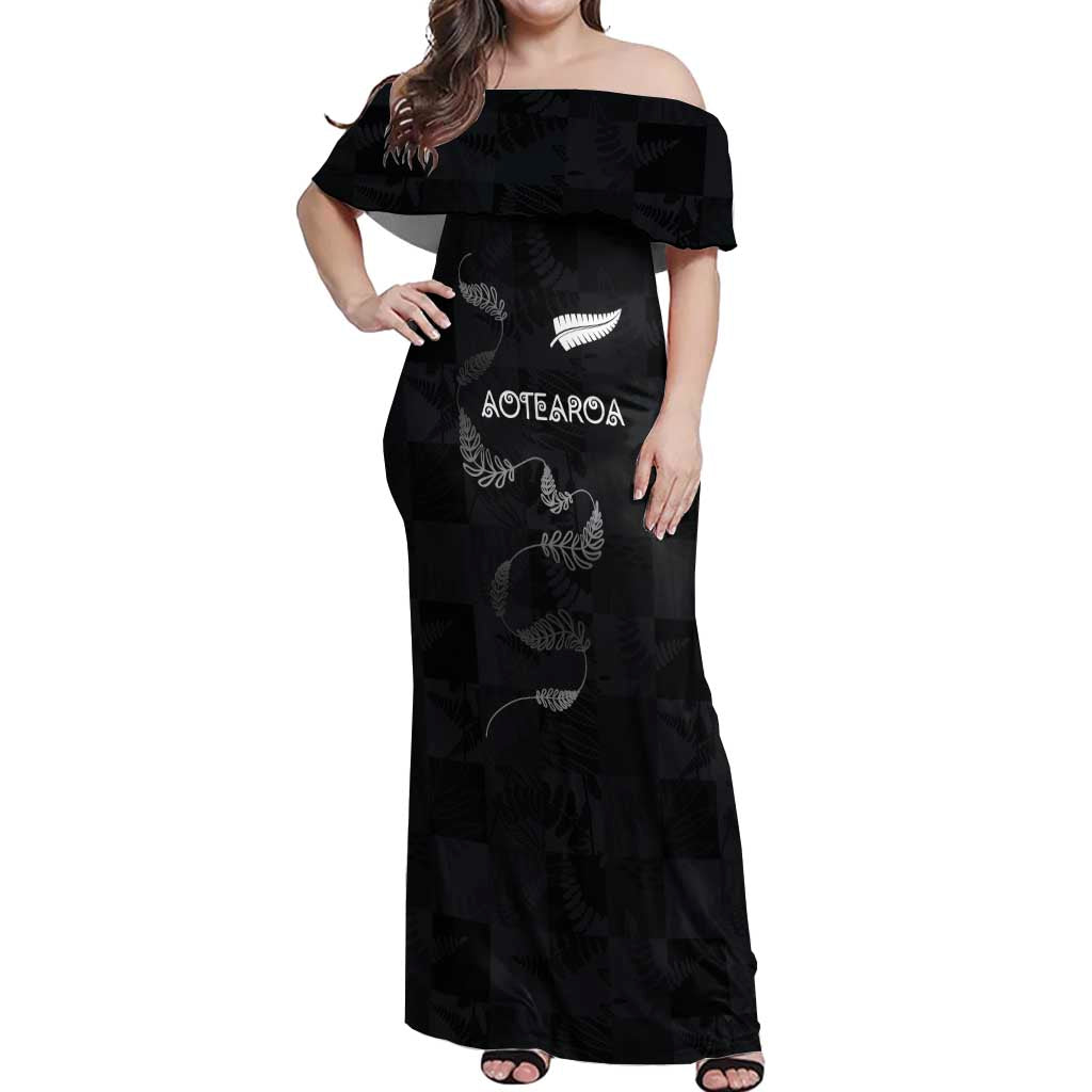 Custom New Zealand Rugby Off Shoulder Maxi Dress All Silver Ferns Blacks