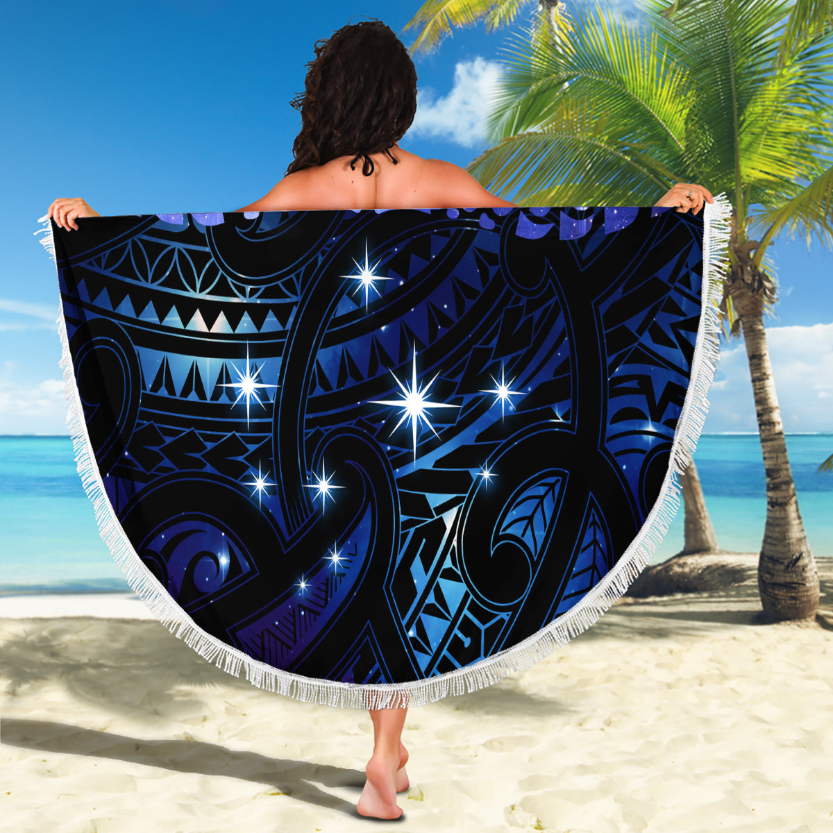 New Zealand Matariki Beach Blanket Maori Pattern and Matariki Sky Night