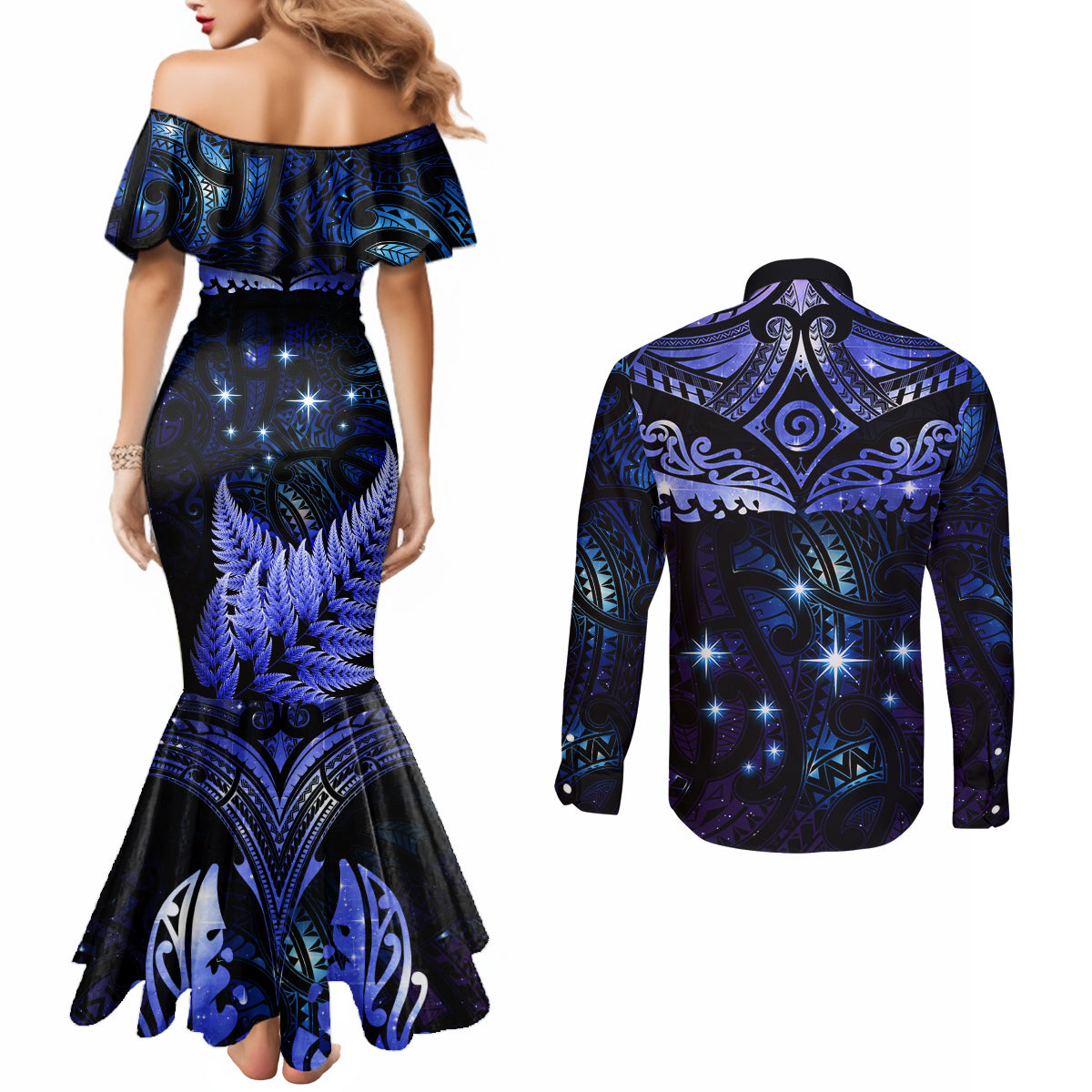 New Zealand Matariki Couples Matching Mermaid Dress and Long Sleeve Button Shirt Maori Pattern and Matariki Sky Night