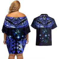 New Zealand Matariki Couples Matching Off Shoulder Short Dress and Hawaiian Shirt Maori Pattern and Matariki Sky Night