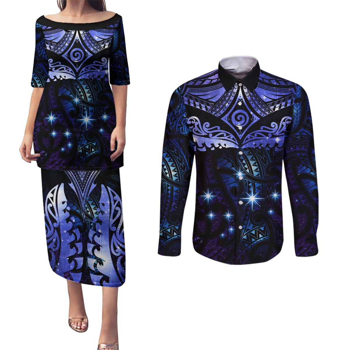 New Zealand Matariki Couples Matching Puletasi and Long Sleeve Button Shirt Maori Pattern and Matariki Sky Night LT03 Blue - Polynesian Pride