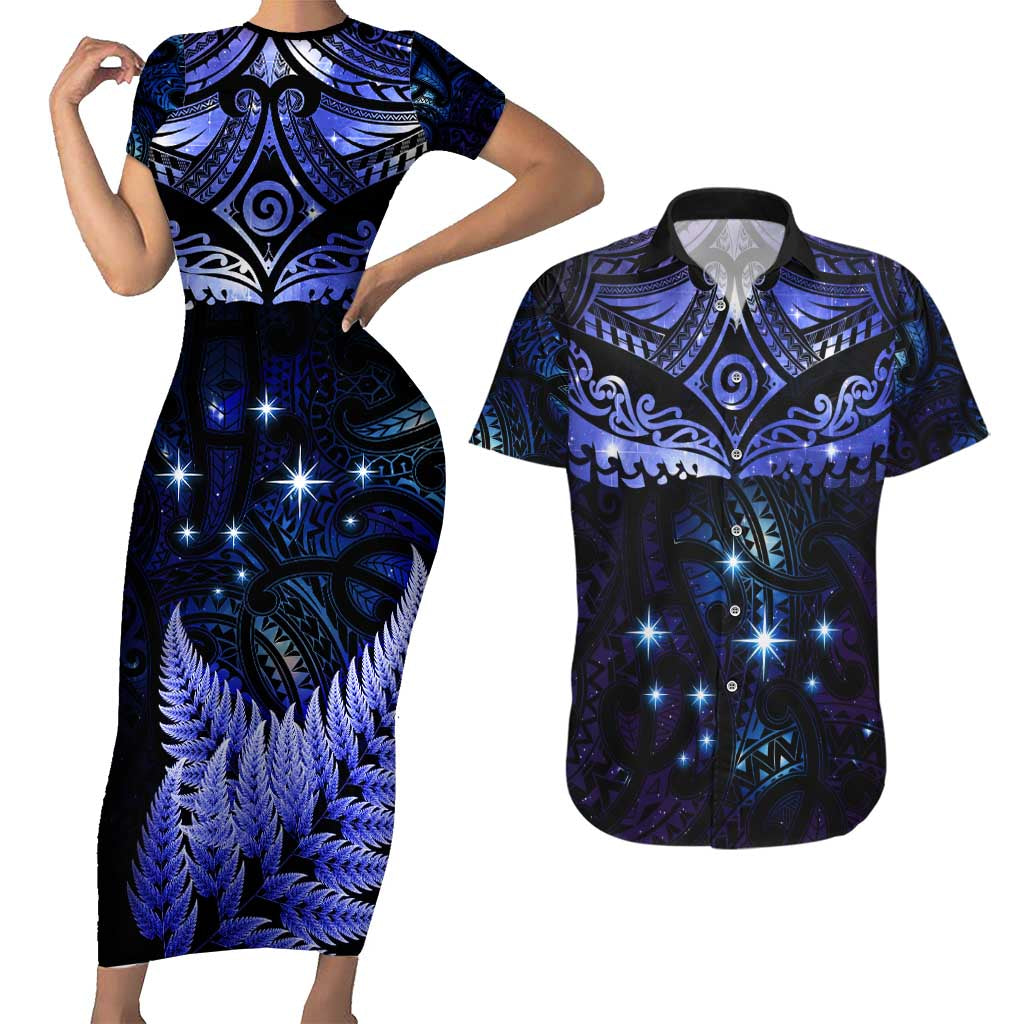 New Zealand Matariki Couples Matching Short Sleeve Bodycon Dress and Hawaiian Shirt Maori Pattern and Matariki Sky Night LT03