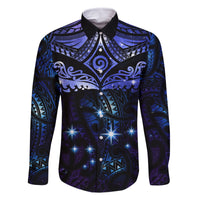 New Zealand Matariki Family Matching Off The Shoulder Long Sleeve Dress and Hawaiian Shirt Maori Pattern and Matariki Sky Night LT03 Dad's Shirt - Long Sleeve Blue - Polynesian Pride
