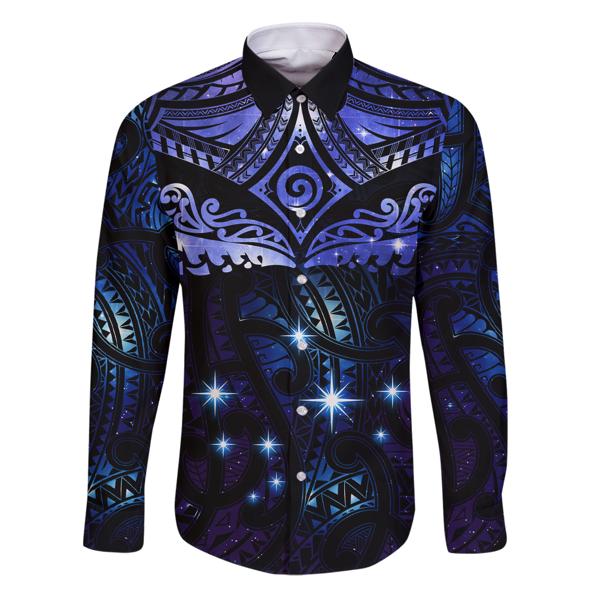 New Zealand Matariki Family Matching Off Shoulder Short Dress and Hawaiian Shirt Maori Pattern and Matariki Sky Night LT03 Dad's Shirt - Long Sleeve Blue - Polynesian Pride