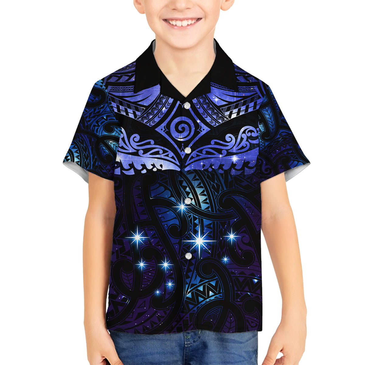 New Zealand Matariki Family Matching Off Shoulder Short Dress and Hawaiian Shirt Maori Pattern and Matariki Sky Night LT03 Son's Shirt Blue - Polynesian Pride