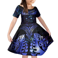 New Zealand Matariki Family Matching Short Sleeve Bodycon Dress and Hawaiian Shirt Maori Pattern and Matariki Sky Night LT03 Daughter's Dress Blue - Polynesian Pride