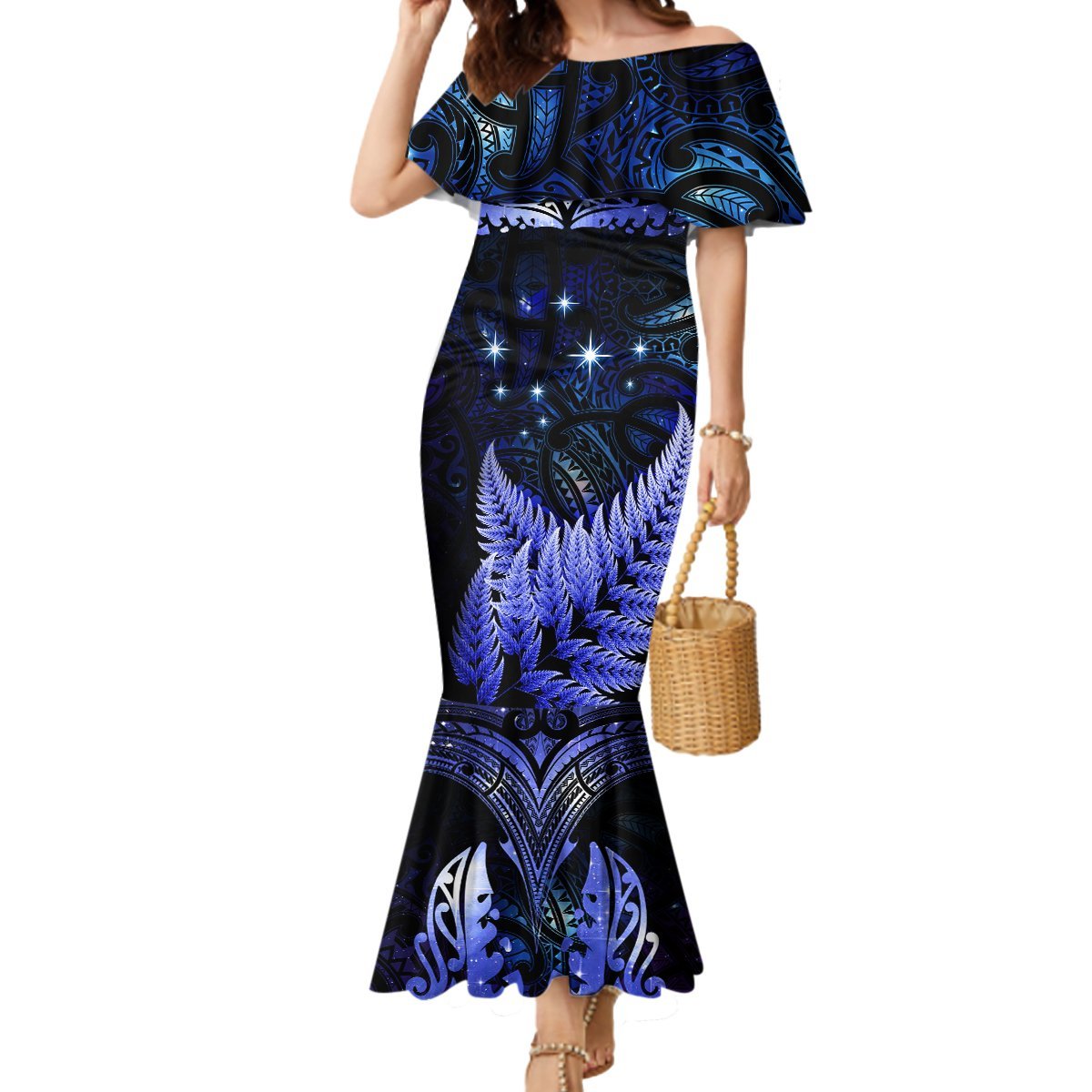 New Zealand Matariki Mermaid Dress Maori Pattern and Matariki Sky Night LT03 Women Blue - Polynesian Pride