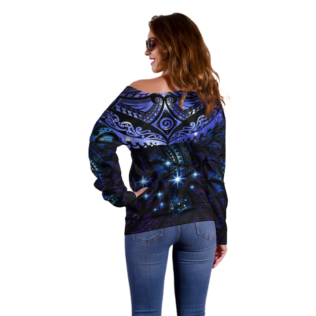 New Zealand Matariki Off Shoulder Sweater Maori Pattern and Matariki Sky Night