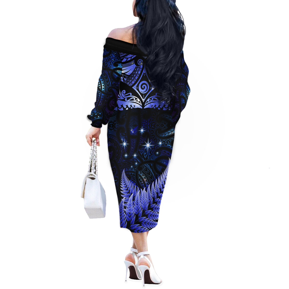 New Zealand Matariki Off The Shoulder Long Sleeve Dress Maori Pattern and Matariki Sky Night