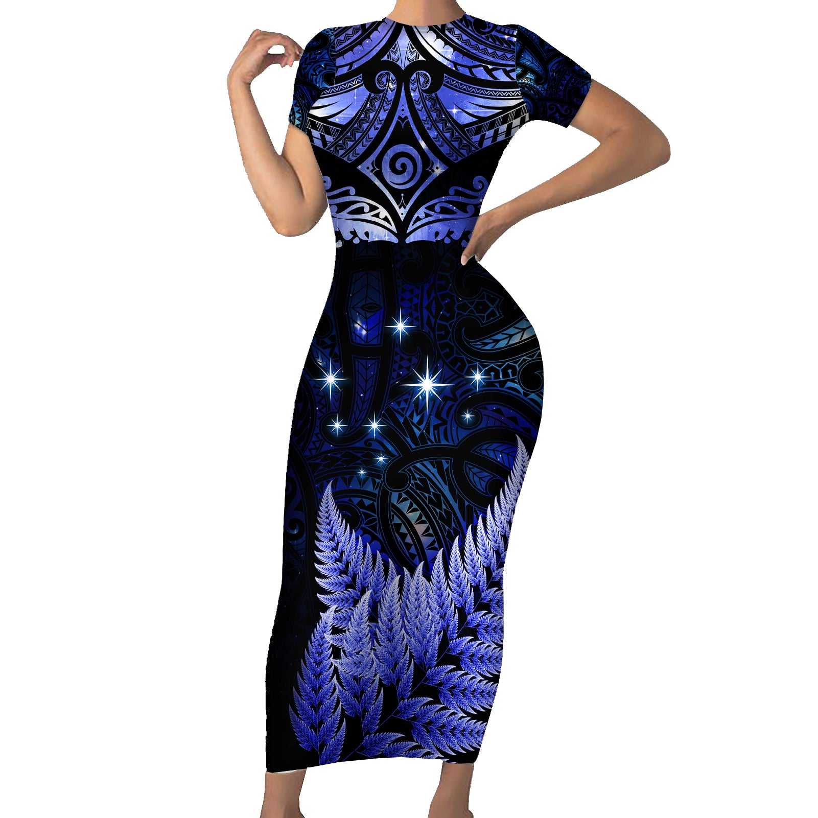 New Zealand Matariki Short Sleeve Bodycon Dress Maori Pattern and Matariki Sky Night