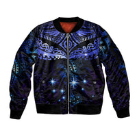 New Zealand Matariki Sleeve Zip Bomber Jacket Maori Pattern and Matariki Sky Night