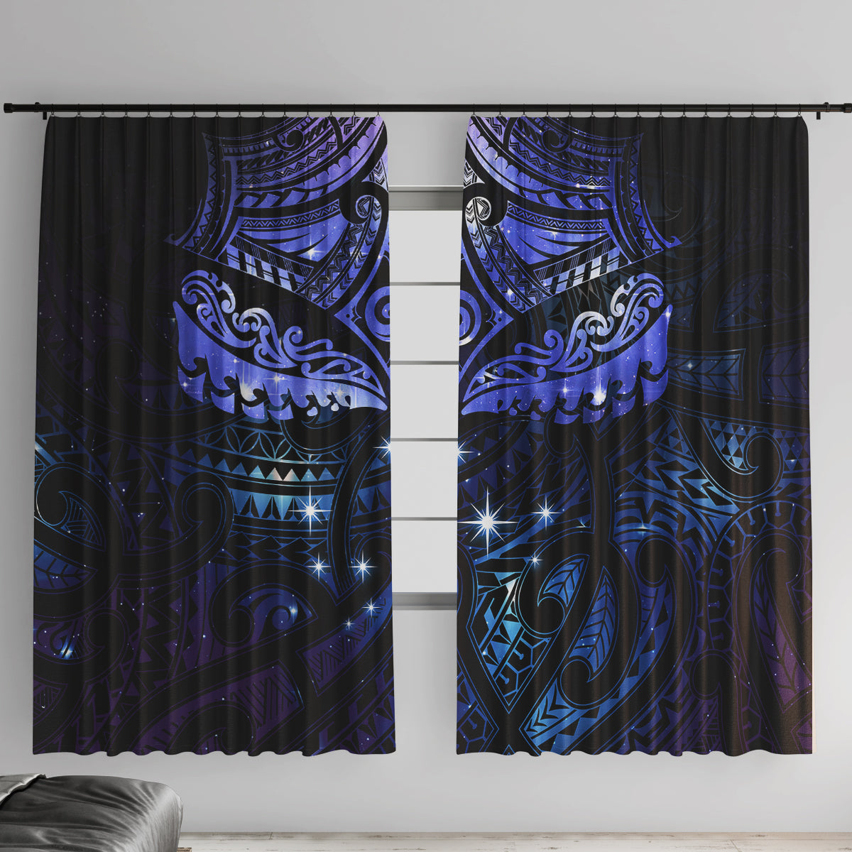 New Zealand Matariki Window Curtain Maori Pattern and Matariki Sky Night LT03 With Hooks Blue - Polynesian Pride