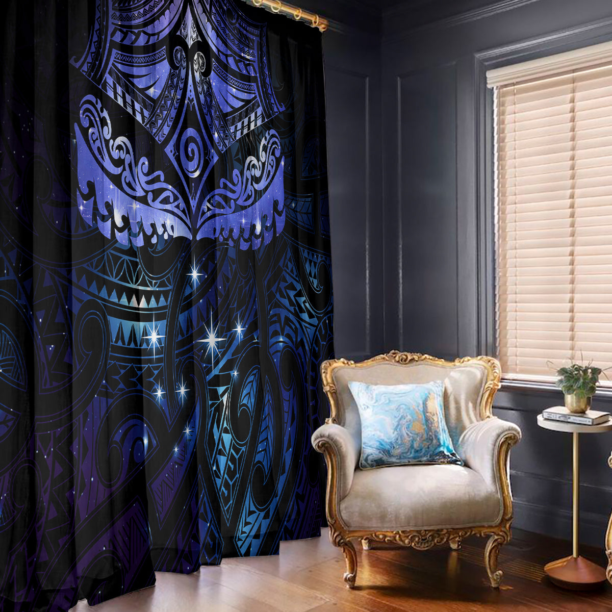 New Zealand Matariki Window Curtain Maori Pattern and Matariki Sky Night LT03 - Polynesian Pride