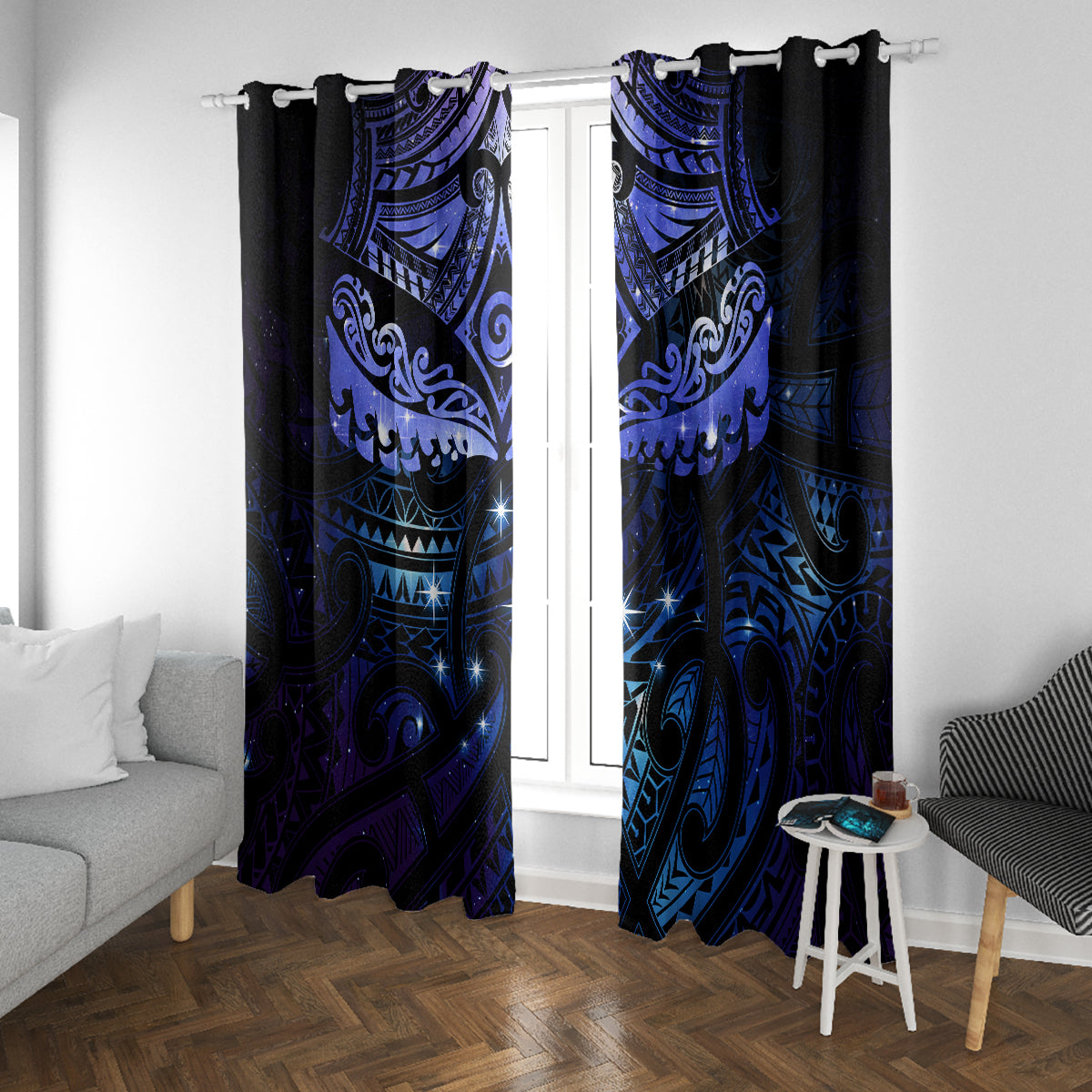 New Zealand Matariki Window Curtain Maori Pattern and Matariki Sky Night LT03 With Grommets Blue - Polynesian Pride