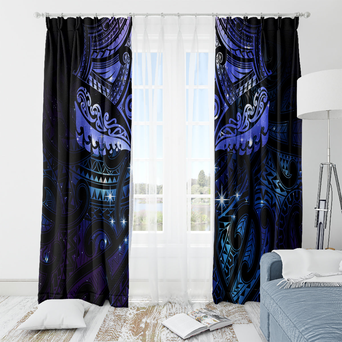 New Zealand Matariki Window Curtain Maori Pattern and Matariki Sky Night LT03 - Polynesian Pride