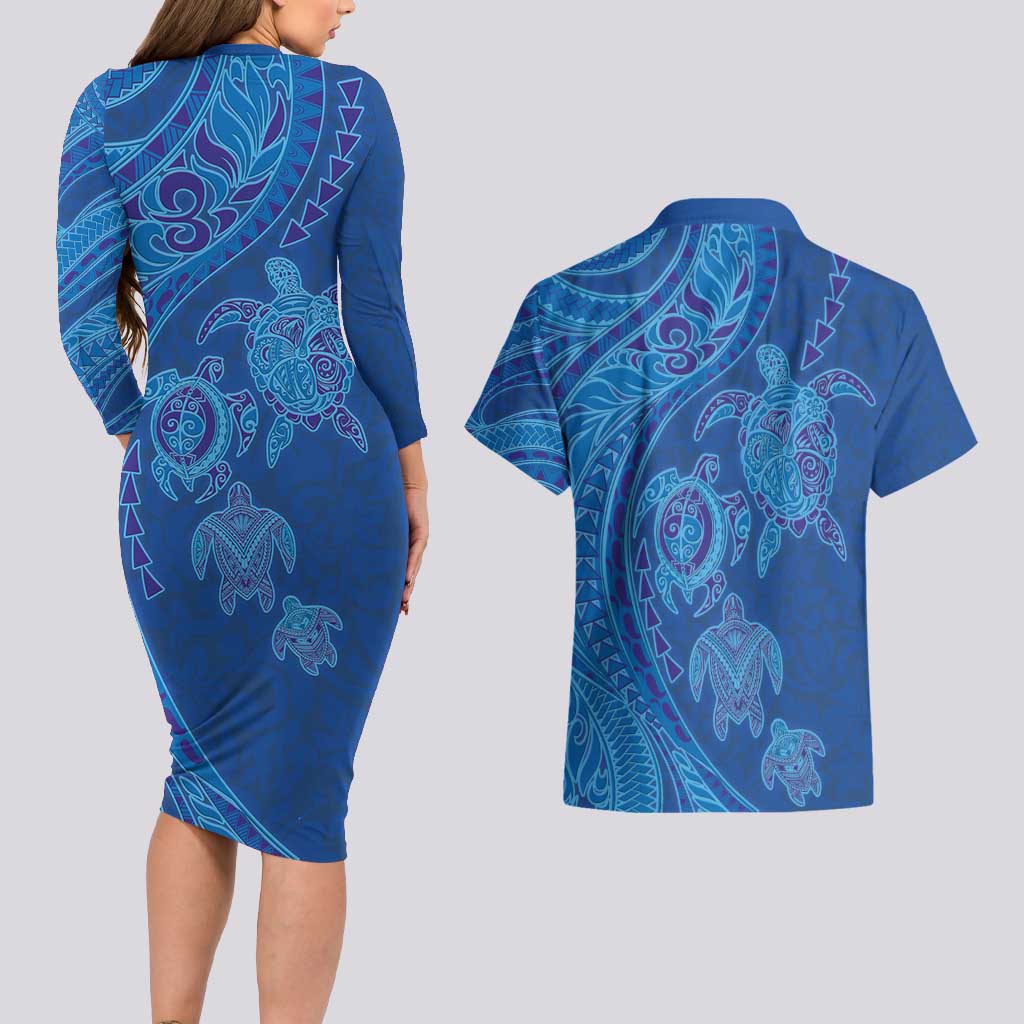 Hawaiian Turtles and Polynesian Art Tattoo Couples Matching Long Sleeve Bodycon Dress and Hawaiian Shirt Ocean Abyss