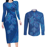 Hawaiian Turtles and Polynesian Art Tattoo Couples Matching Long Sleeve Bodycon Dress and Long Sleeve Button Shirt Ocean Abyss