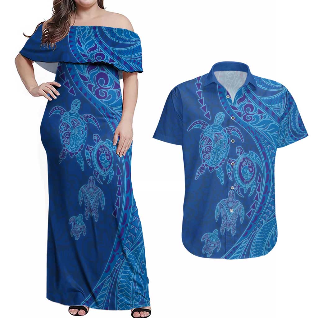 Hawaiian Turtles and Polynesian Art Tattoo Couples Matching Off Shoulder Maxi Dress and Hawaiian Shirt Ocean Abyss LT03 Blue - Polynesian Pride