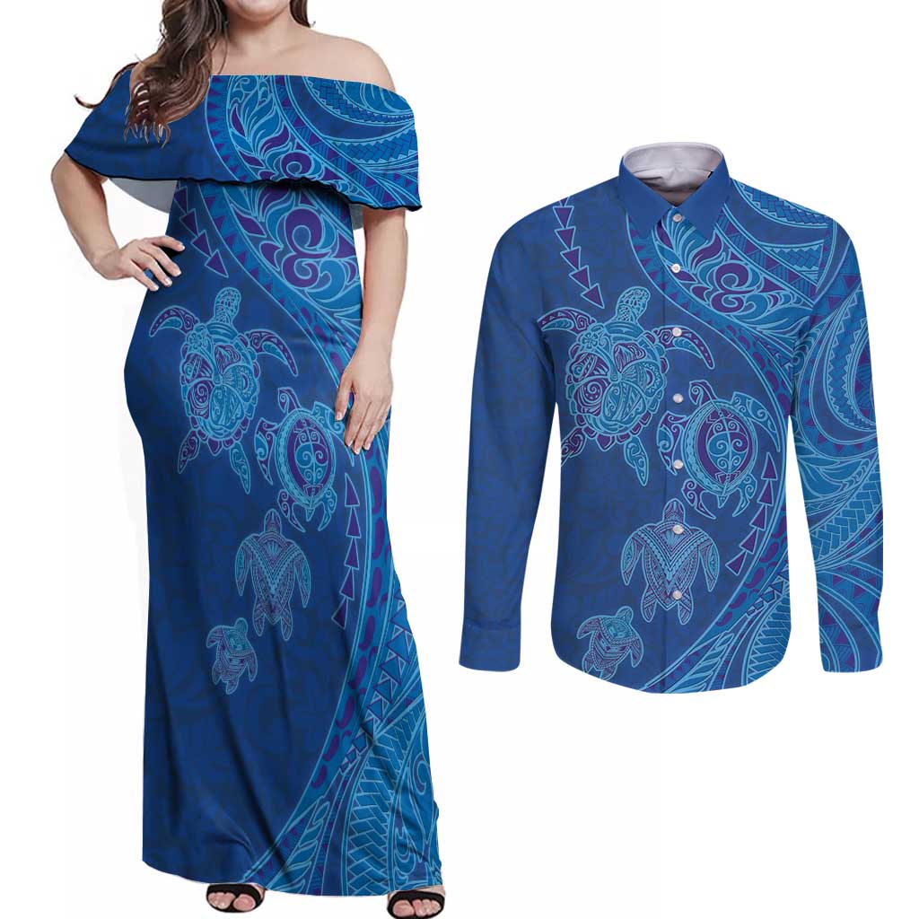 Hawaiian Turtles and Polynesian Art Tattoo Couples Matching Off Shoulder Maxi Dress and Long Sleeve Button Shirt Ocean Abyss LT03 Blue - Polynesian Pride