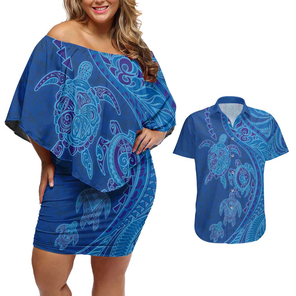 Hawaiian Turtles and Polynesian Art Tattoo Couples Matching Off Shoulder Short Dress and Hawaiian Shirt Ocean Abyss LT03 Blue - Polynesian Pride
