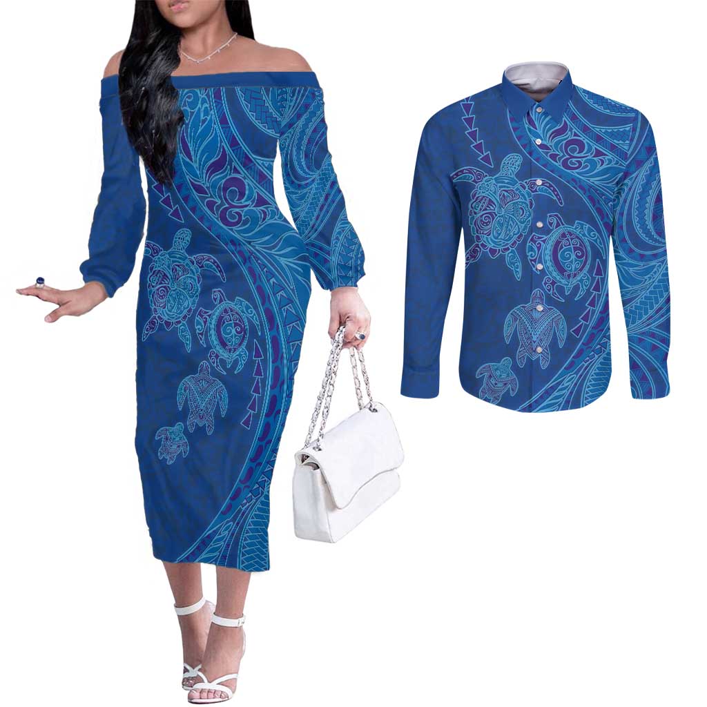 Hawaiian Turtles and Polynesian Art Tattoo Couples Matching Off The Shoulder Long Sleeve Dress and Long Sleeve Button Shirt Ocean Abyss LT03 Blue - Polynesian Pride