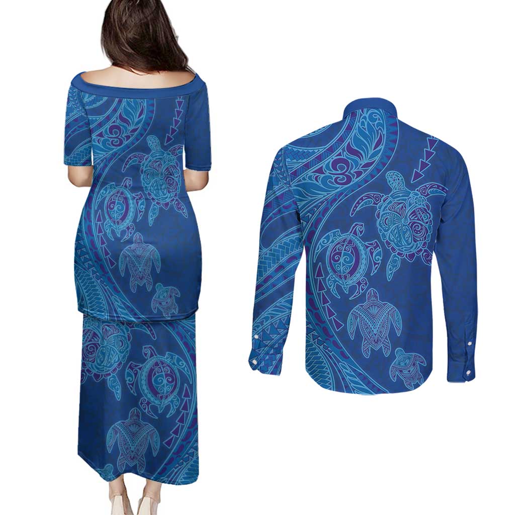 Hawaiian Turtles and Polynesian Art Tattoo Couples Matching Puletasi and Long Sleeve Button Shirt Ocean Abyss