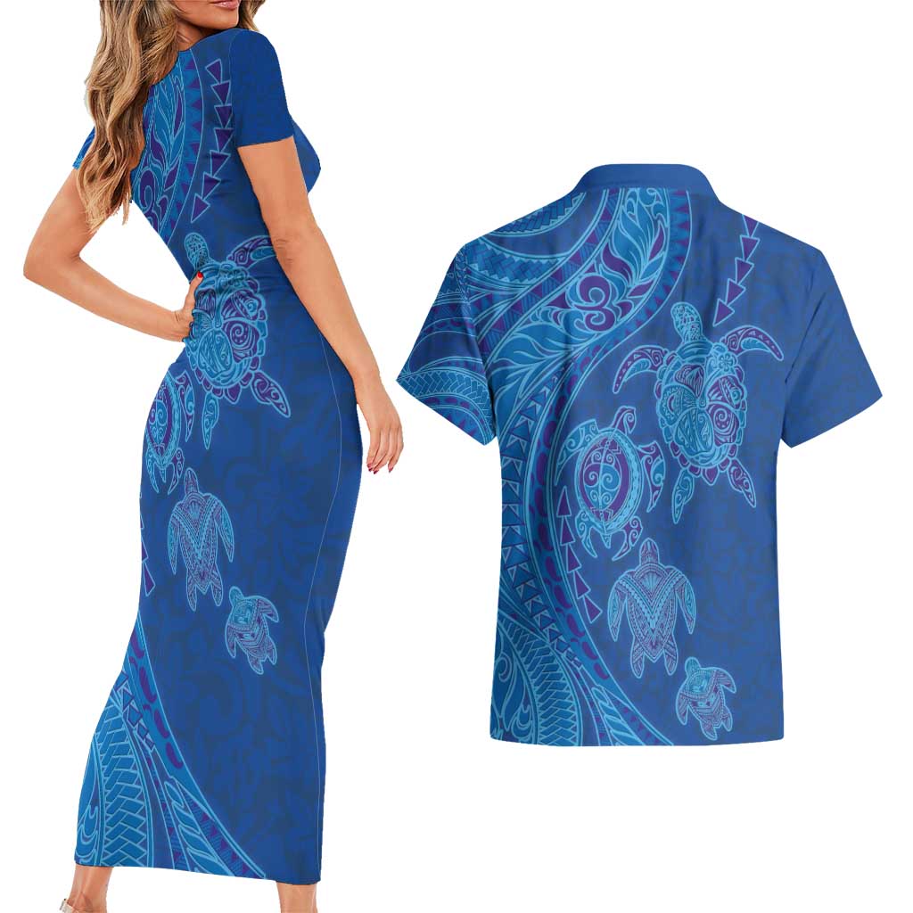 Hawaiian Turtles and Polynesian Art Tattoo Couples Matching Short Sleeve Bodycon Dress and Hawaiian Shirt Ocean Abyss