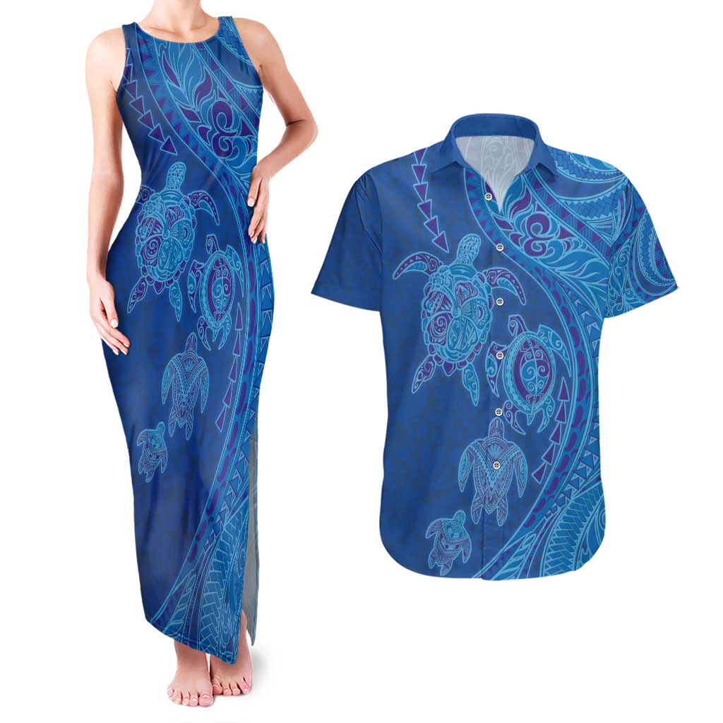 Hawaiian Turtles and Polynesian Art Tattoo Couples Matching Tank Maxi Dress and Hawaiian Shirt Ocean Abyss LT03 Blue - Polynesian Pride