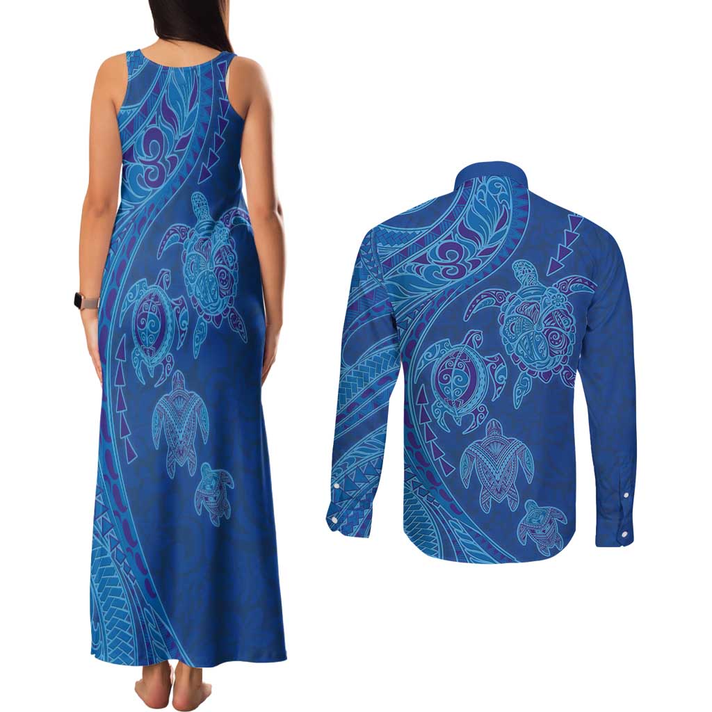 Hawaiian Turtles and Polynesian Art Tattoo Couples Matching Tank Maxi Dress and Long Sleeve Button Shirt Ocean Abyss
