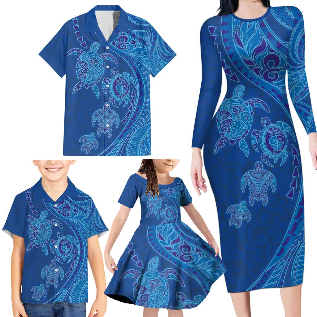 Hawaiian Turtles and Polynesian Art Tattoo Family Matching Long Sleeve Bodycon Dress and Hawaiian Shirt Ocean Abyss