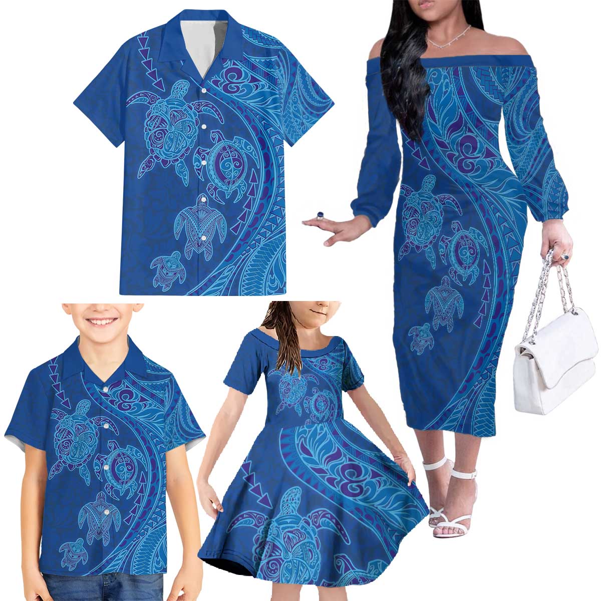Hawaiian Turtles and Polynesian Art Tattoo Family Matching Off The Shoulder Long Sleeve Dress and Hawaiian Shirt Ocean Abyss
