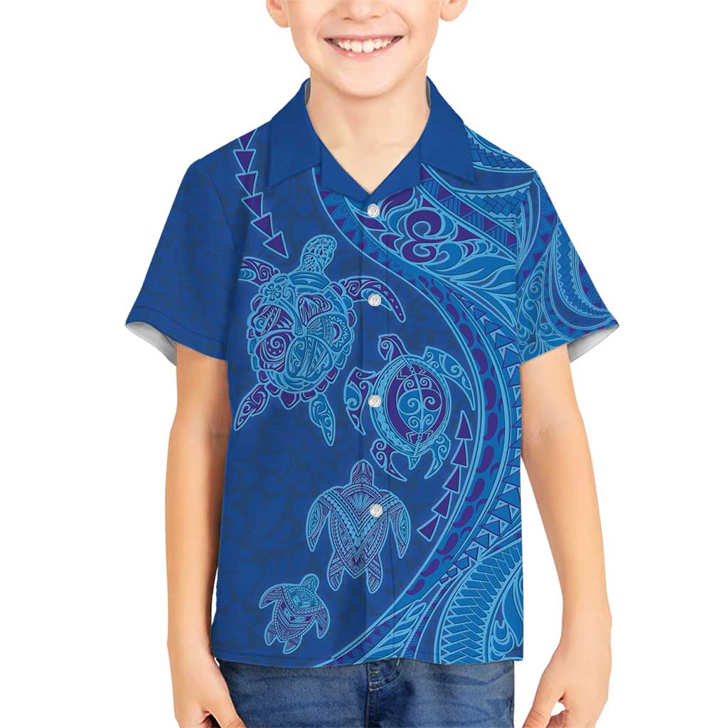 Hawaiian Turtles and Polynesian Art Tattoo Family Matching Off Shoulder Maxi Dress and Hawaiian Shirt Ocean Abyss