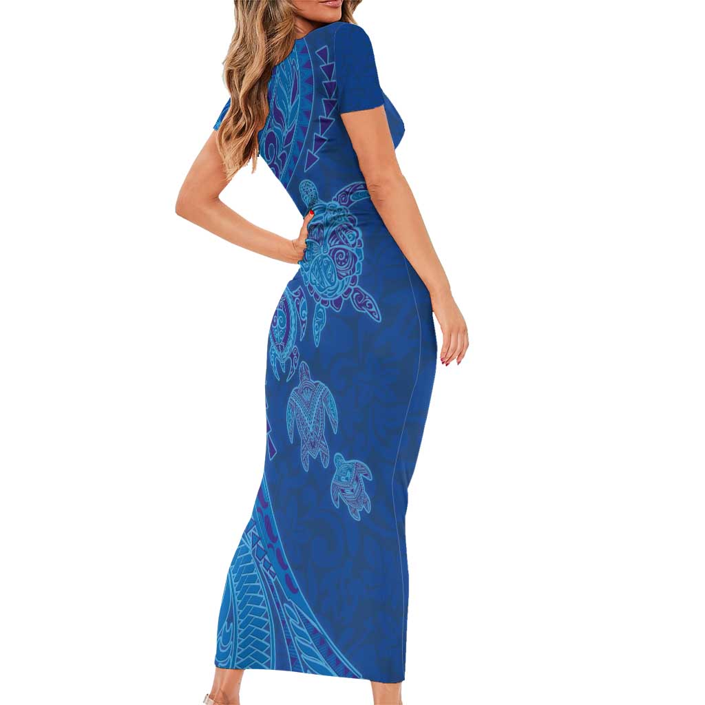 Hawaiian Turtles and Polynesian Art Tattoo Family Matching Short Sleeve Bodycon Dress and Hawaiian Shirt Ocean Abyss