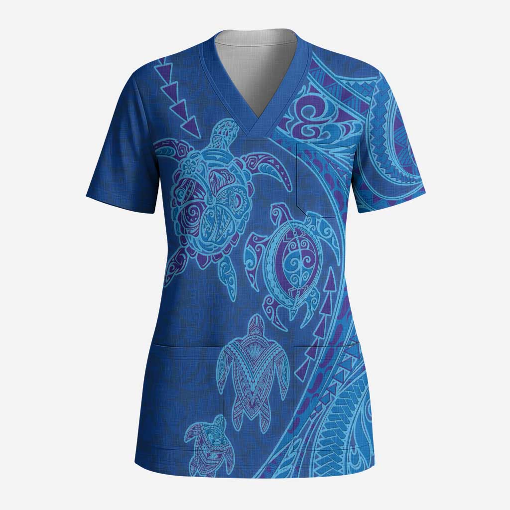 Hawaiian Turtles and Polynesian Art Tattoo Scrub Top Ocean Abyss LT03 Adult Blue - Polynesian Pride