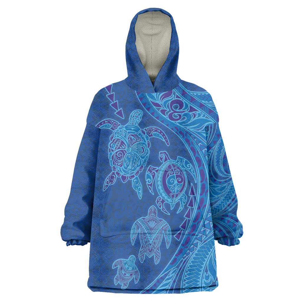 Hawaiian Turtles and Polynesian Art Tattoo Wearable Blanket Hoodie Ocean Abyss LT03 One Size Blue - Polynesian Pride