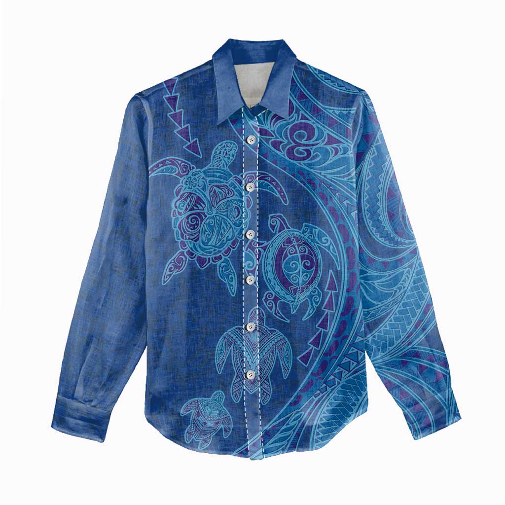 Hawaiian Turtles and Polynesian Art Tattoo Women Casual Shirt Ocean Abyss