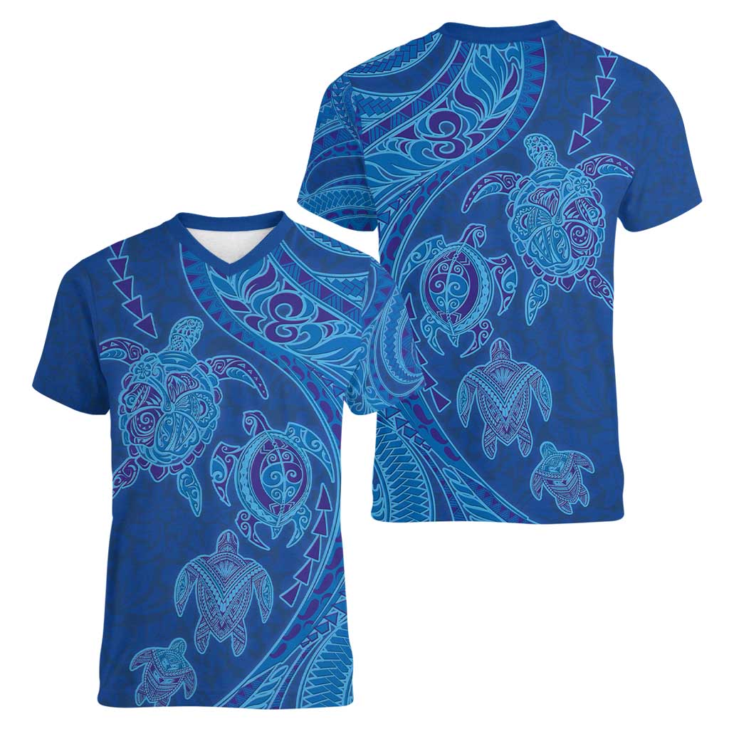 Hawaiian Turtles and Polynesian Art Tattoo Women V-Neck T-Shirt Ocean Abyss