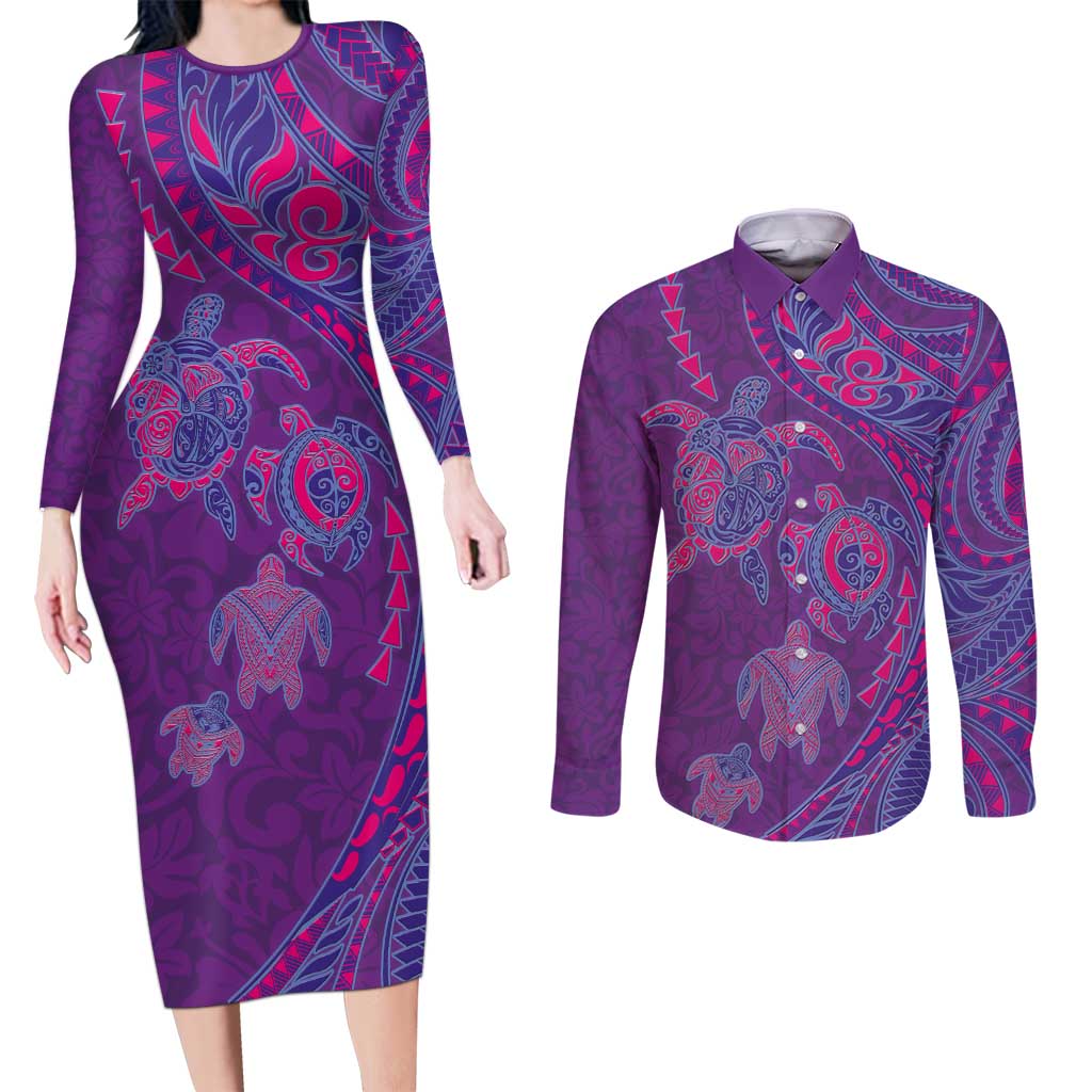 Hawaiian Turtles and Polynesian Art Tattoo Couples Matching Long Sleeve Bodycon Dress and Long Sleeve Button Shirt Dusky Violet LT03 Purple - Polynesian Pride
