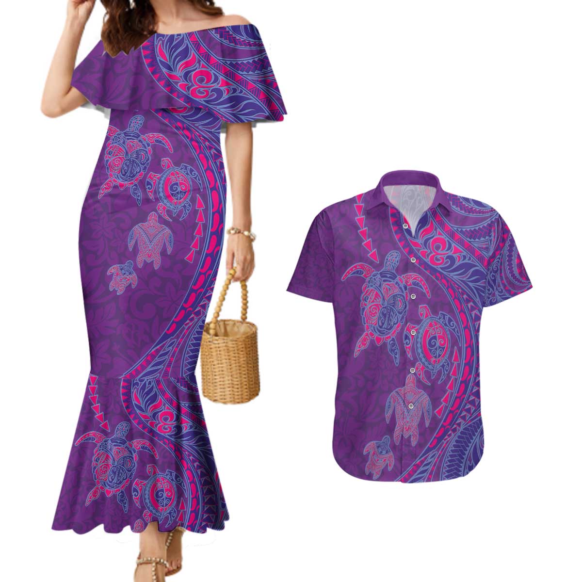 Hawaiian Turtles and Polynesian Art Tattoo Couples Matching Mermaid Dress and Hawaiian Shirt Dusky Violet LT03 Purple - Polynesian Pride