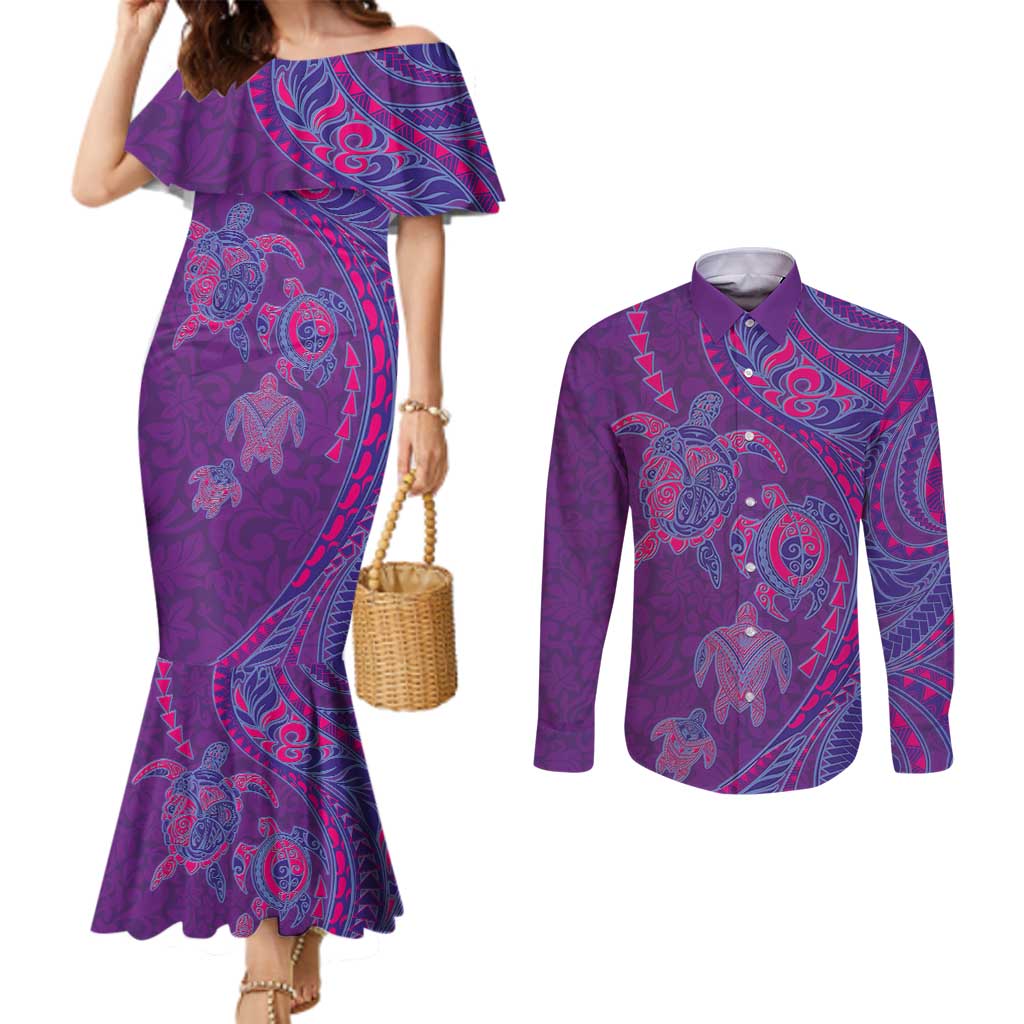 Hawaiian Turtles and Polynesian Art Tattoo Couples Matching Mermaid Dress and Long Sleeve Button Shirt Dusky Violet LT03 Purple - Polynesian Pride
