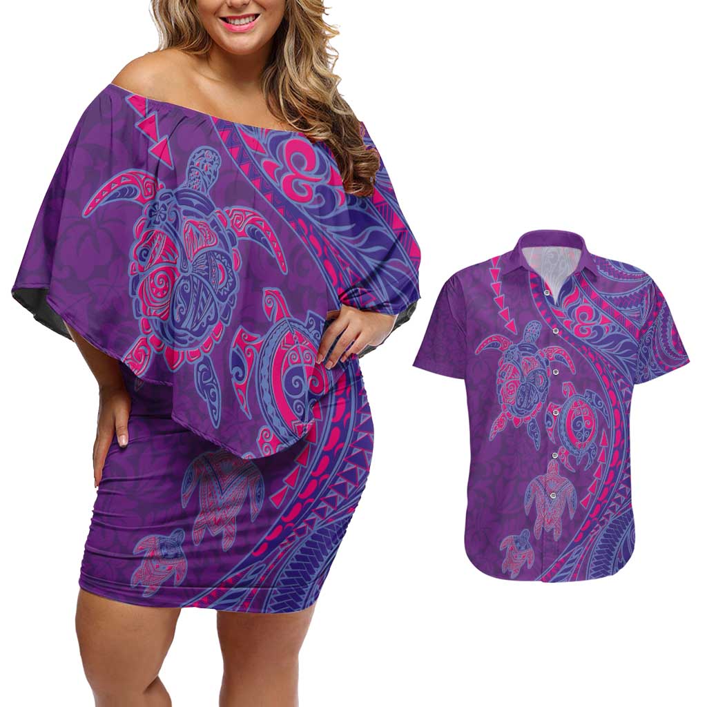 Hawaiian Turtles and Polynesian Art Tattoo Couples Matching Off Shoulder Short Dress and Hawaiian Shirt Dusky Violet LT03 Purple - Polynesian Pride