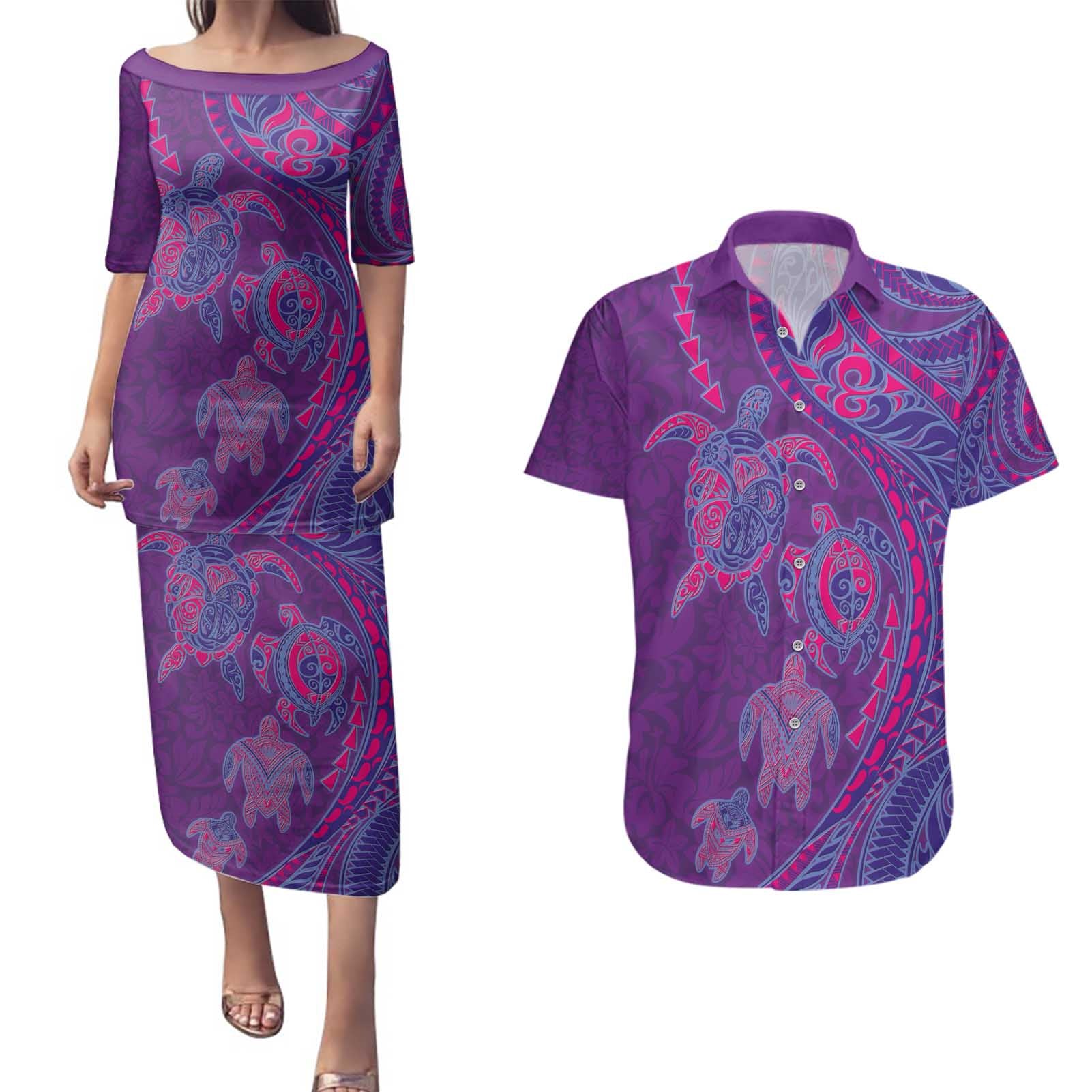Hawaiian Turtles and Polynesian Art Tattoo Couples Matching Puletasi and Hawaiian Shirt Dusky Violet