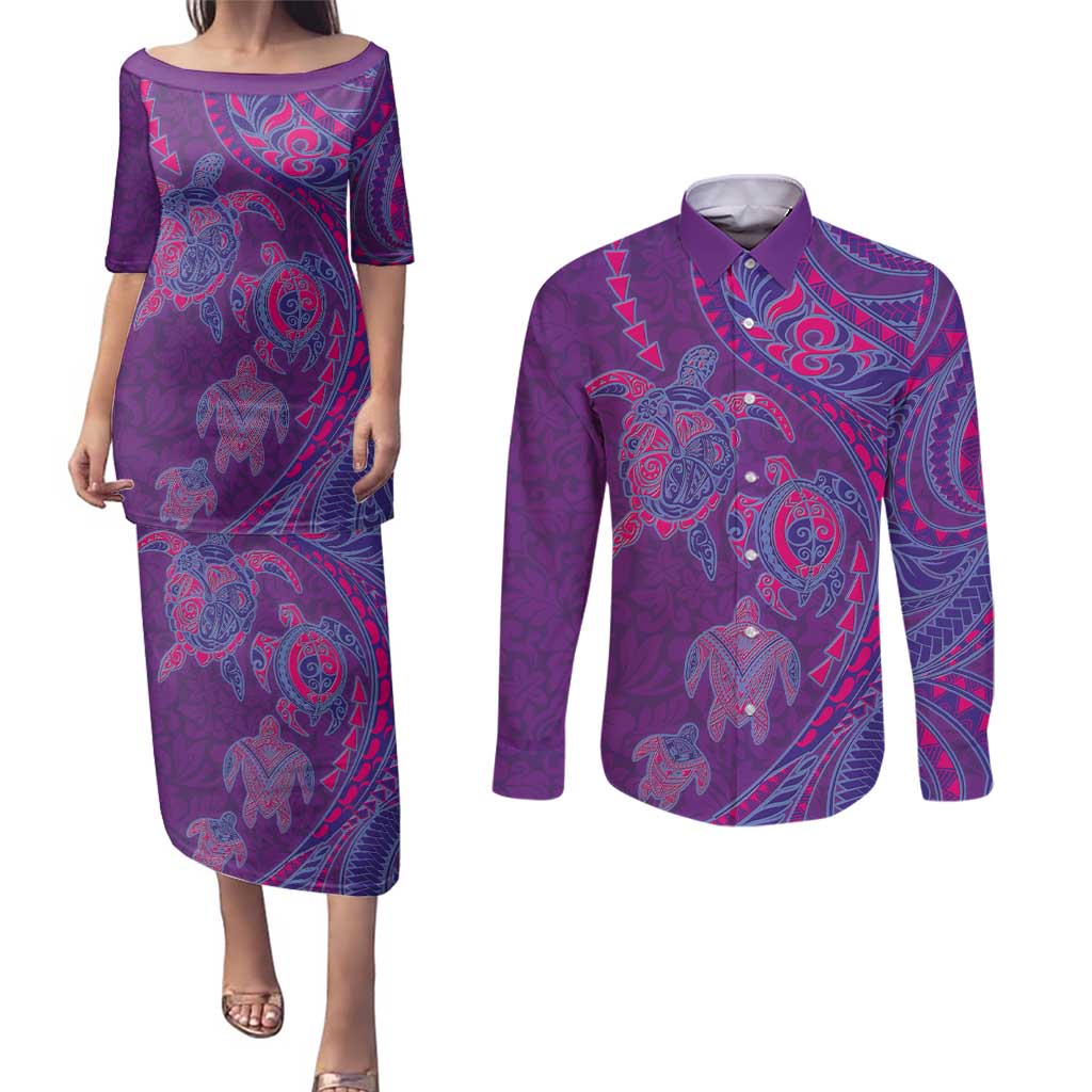 Hawaiian Turtles and Polynesian Art Tattoo Couples Matching Puletasi and Long Sleeve Button Shirt Dusky Violet