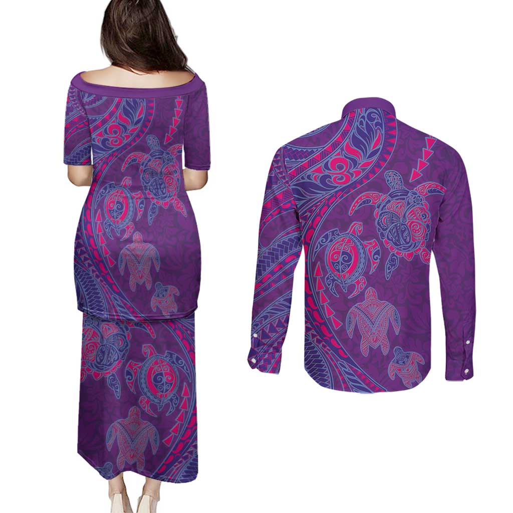 Hawaiian Turtles and Polynesian Art Tattoo Couples Matching Puletasi and Long Sleeve Button Shirt Dusky Violet