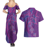 Hawaiian Turtles and Polynesian Art Tattoo Couples Matching Summer Maxi Dress and Hawaiian Shirt Dusky Violet