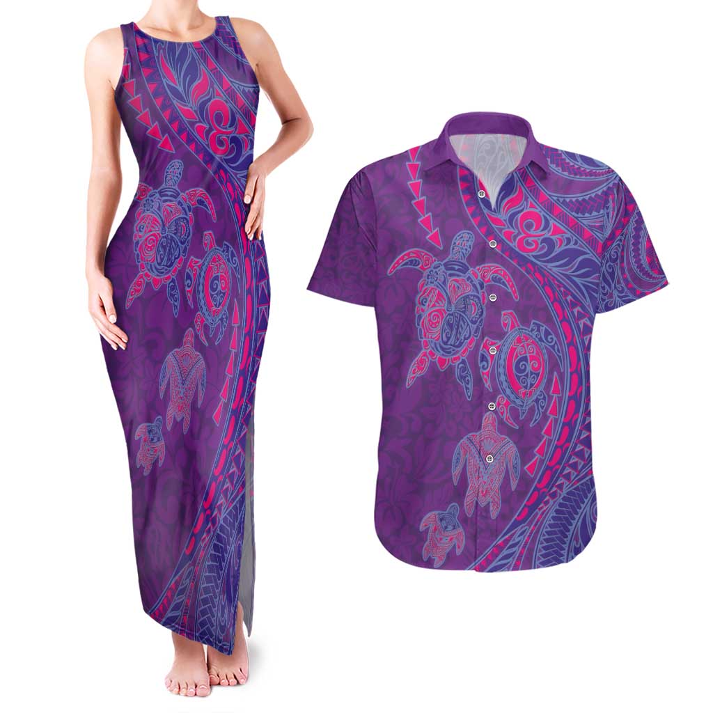 Hawaiian Turtles and Polynesian Art Tattoo Couples Matching Tank Maxi Dress and Hawaiian Shirt Dusky Violet LT03 Purple - Polynesian Pride