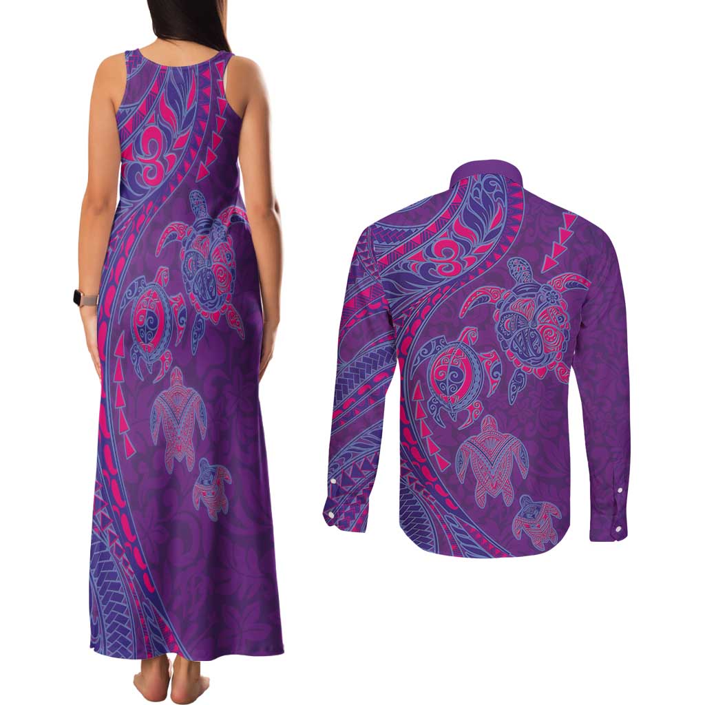 Hawaiian Turtles and Polynesian Art Tattoo Couples Matching Tank Maxi Dress and Long Sleeve Button Shirt Dusky Violet
